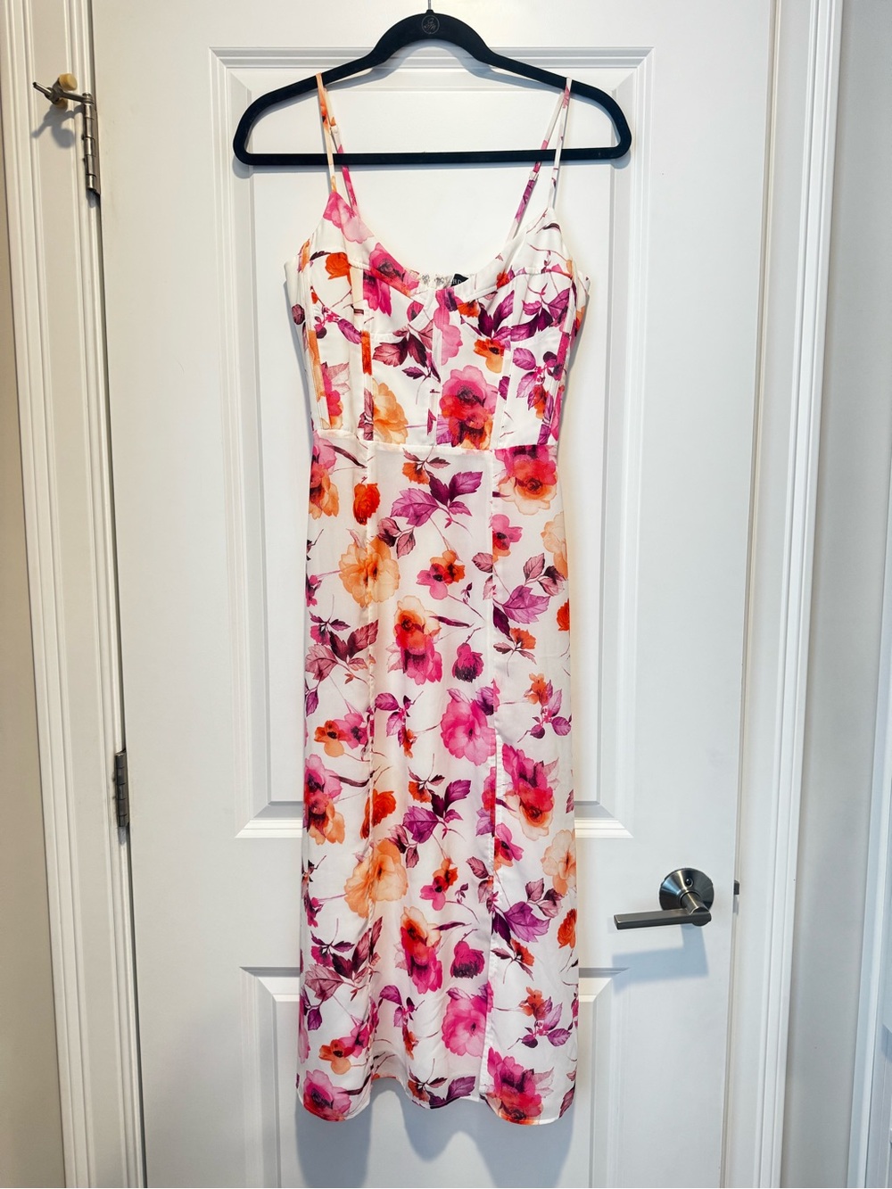 Bardot White Floral Midi Dress with Pink & Orange Blooms
